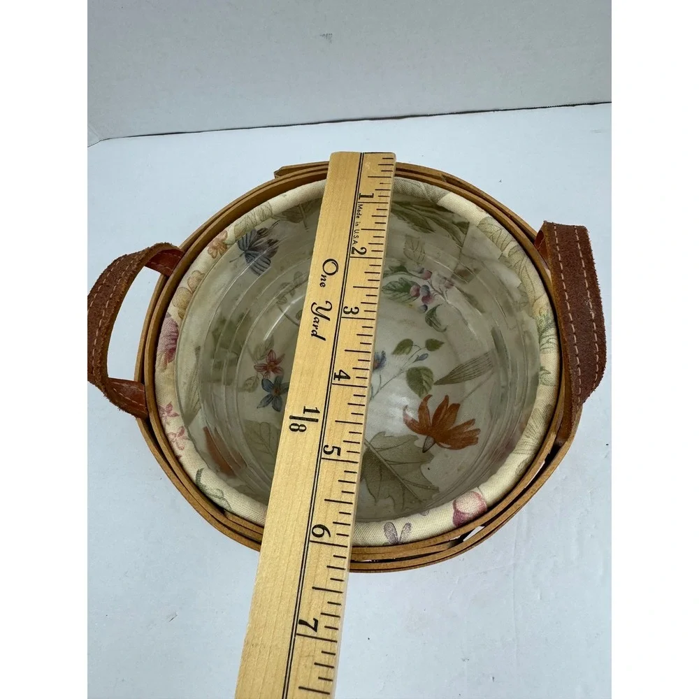 Longaberger 2006 Round Woven Basket Leather Handles Botanical Liner Protector